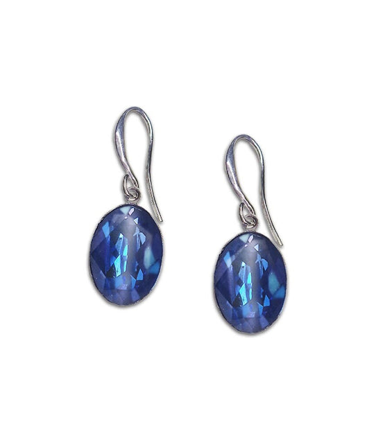 Crystal oval dangle drop earrings royal blue,rhodium silver