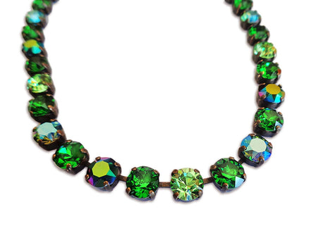 VIVID FOREST Austrian crystal necklace crystal  dark green moss ,antique brass