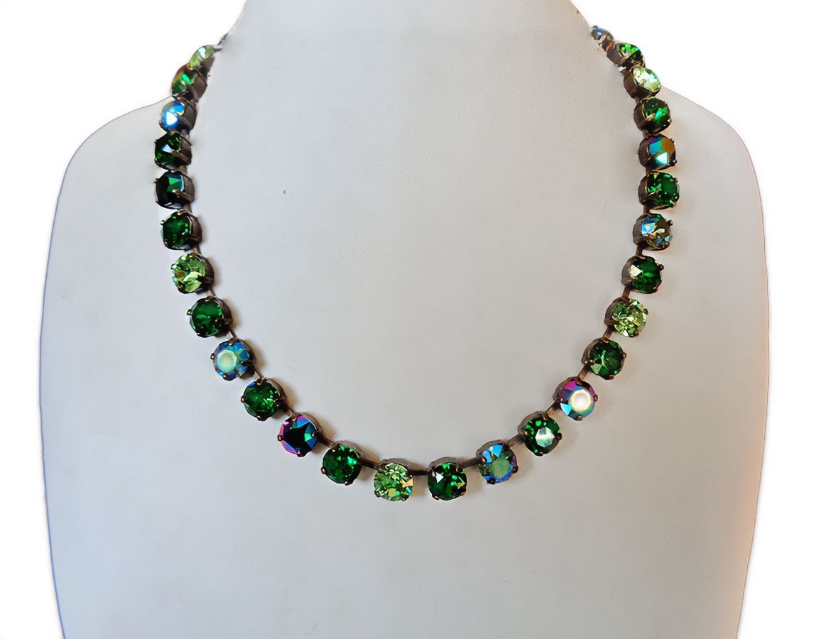 VIVID FOREST Austrian crystal necklace crystal  dark green moss ,antique brass