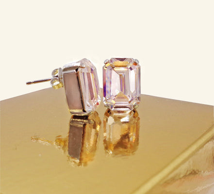 Crystal rectangular stud  earrings clear crystal, rhodium silver
