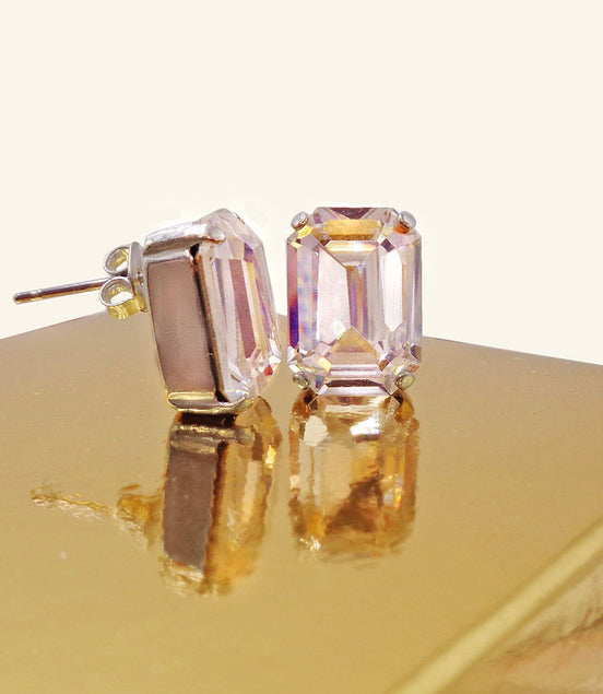 Crystal rectangular stud  earrings clear crystal, rhodium silver