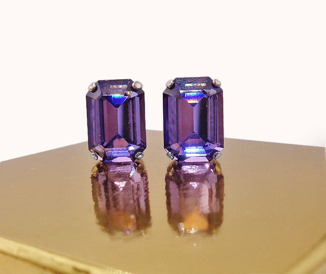 Crystal rectangular  stud  earrings  tanzanite, rhodium silver plated
