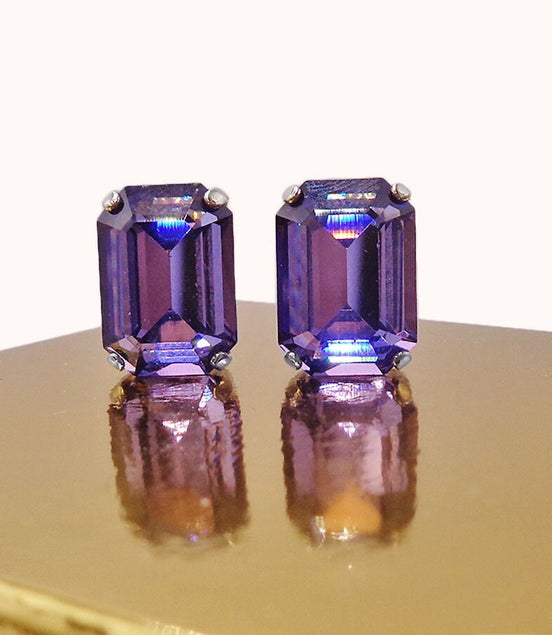 Crystal rectangular  stud  earrings  tanzanite, rhodium silver plated