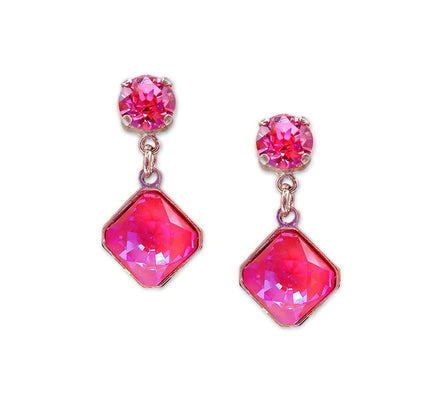 Crystal stud and drop square stone earrings,lotus pink,rhodium silver