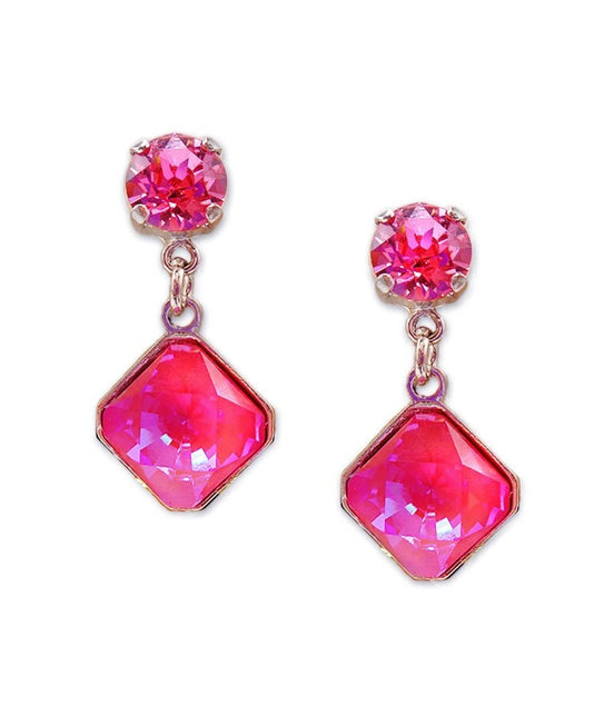 Crystal stud and drop square stone earrings,lotus pink,rhodium silver