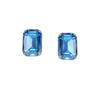 Crystal rectangular  stud  earrings  aquamarine , rhodium silver plated