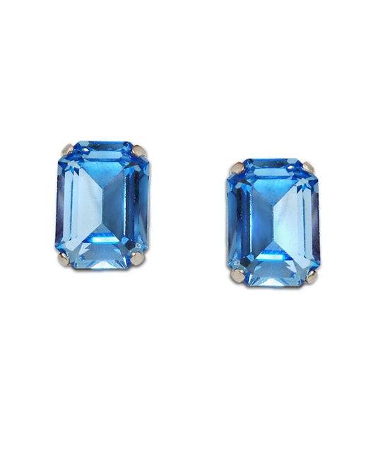 Crystal rectangular  stud  earrings  aquamarine , rhodium silver plated
