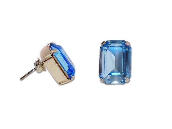 Crystal rectangular  stud  earrings  aquamarine , rhodium silver plated