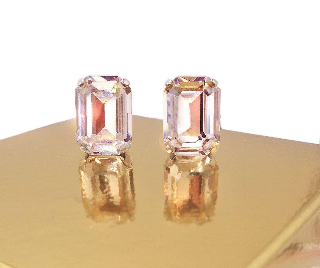 Crystal rectangular stud  earrings clear crystal, rhodium silver