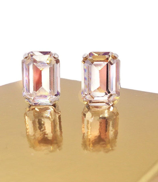 Crystal rectangular stud  earrings clear crystal, rhodium silver