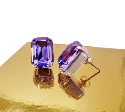 Crystal rectangular  stud  earrings  tanzanite, rhodium silver plated