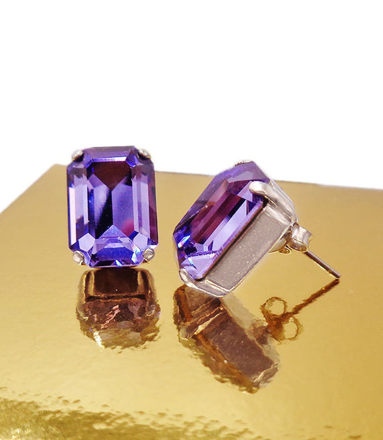 Crystal rectangular  stud  earrings  tanzanite, rhodium silver plated
