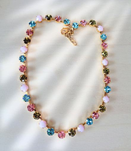 Crystal tennis  necklace  multicolour ,yellow gold