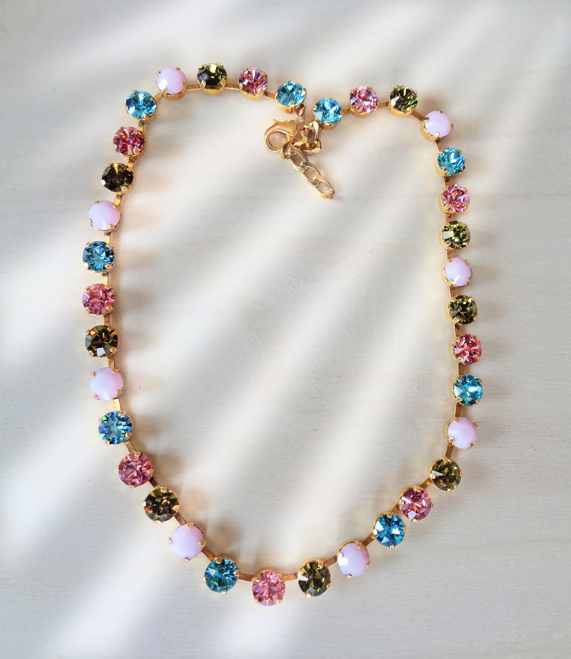 Crystal tennis  necklace  multicolour ,yellow gold