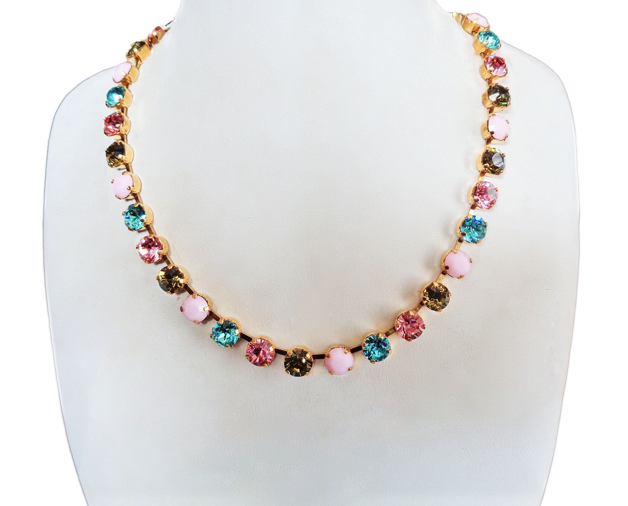 Crystal tennis  necklace  multicolour ,yellow gold