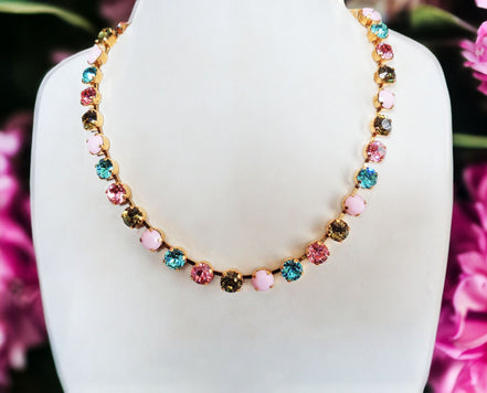 Crystal tennis  necklace  multicolour ,yellow gold