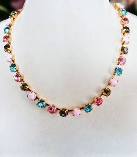 Crystal tennis  necklace  multicolour ,yellow gold