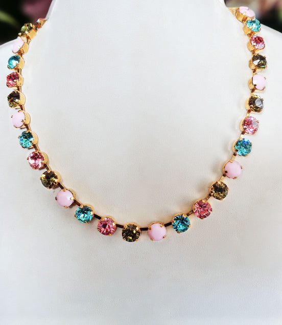 Crystal tennis  necklace  multicolour ,yellow gold