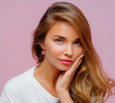 Stud and drop earrings,floral,orange glow/tangerine ,antique brass