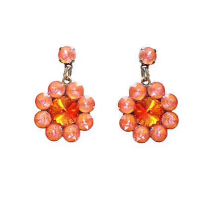 Stud and drop earrings,floral,orange glow/tangerine ,antique brass