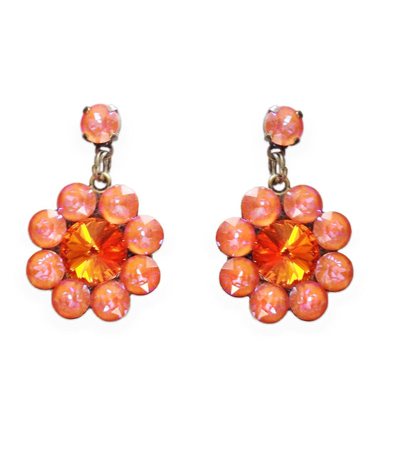 Stud and drop earrings,floral,orange glow/tangerine ,antique brass