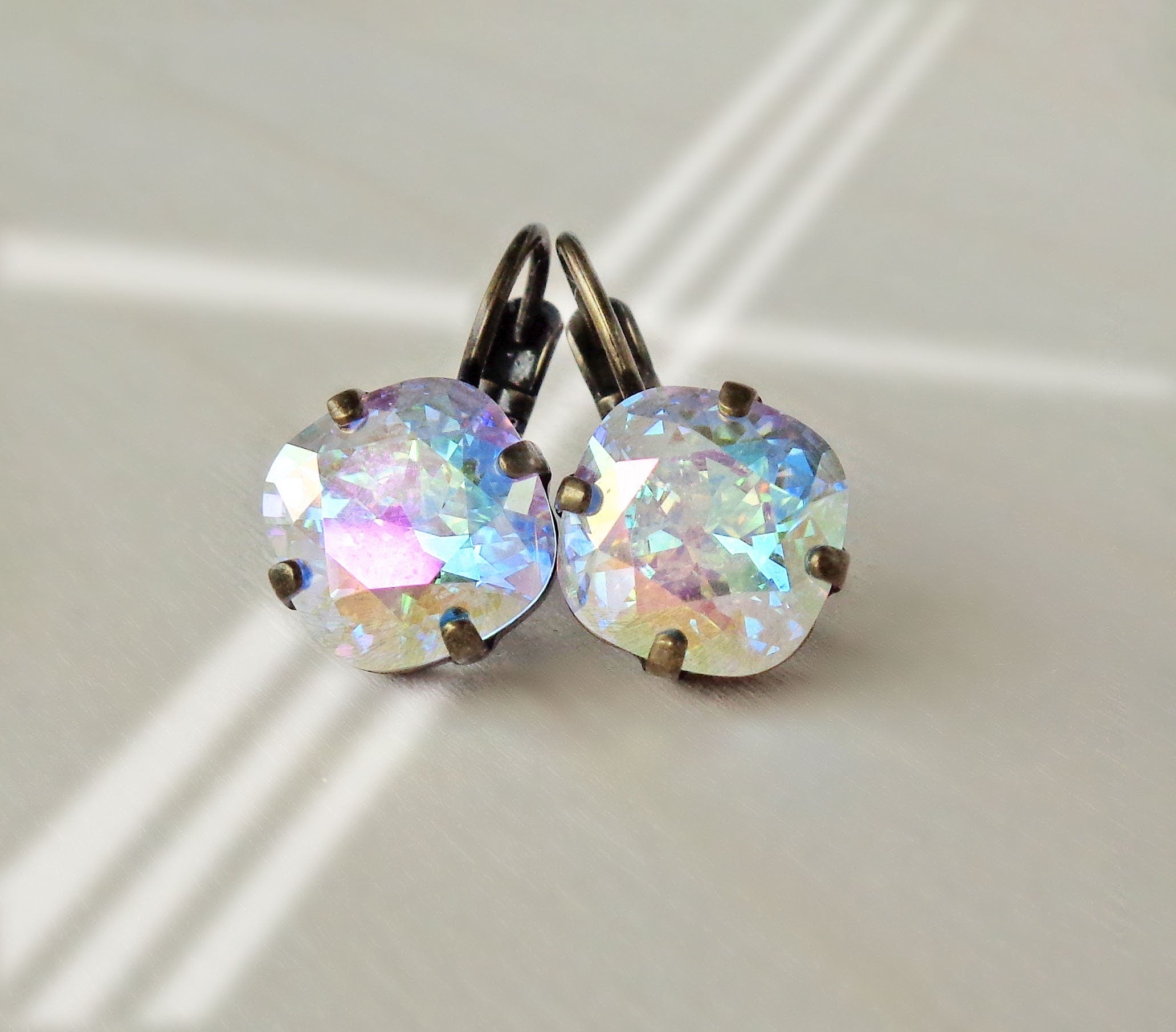 Crystal square mini drop  earrings, crystal transmission,antique brass
