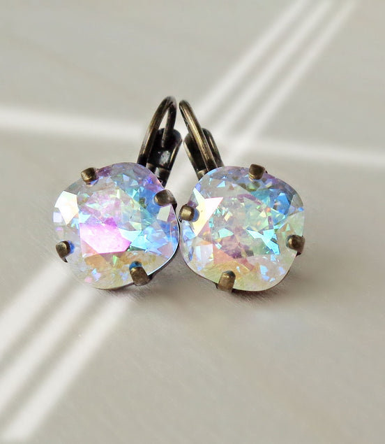Crystal square mini drop  earrings, crystal transmission,antique brass