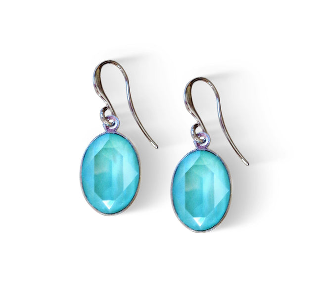 Crystal oval dangle drop earrings mint green ,rhodium silver