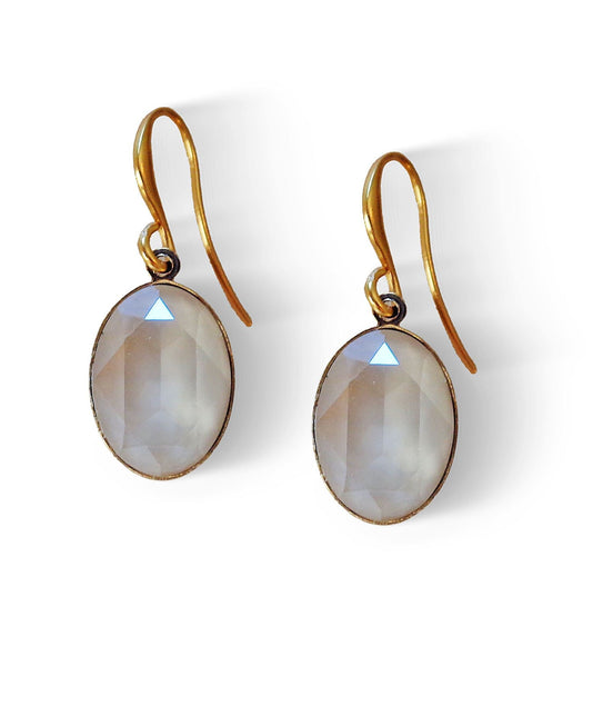 Crystal oval dangle drop earrings ivory cream,gold plated