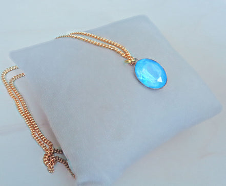 Crystal oval drop  pendant necklace,sky blue