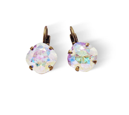 Crystal square mini drop  earrings, crystal transmission,antique brass