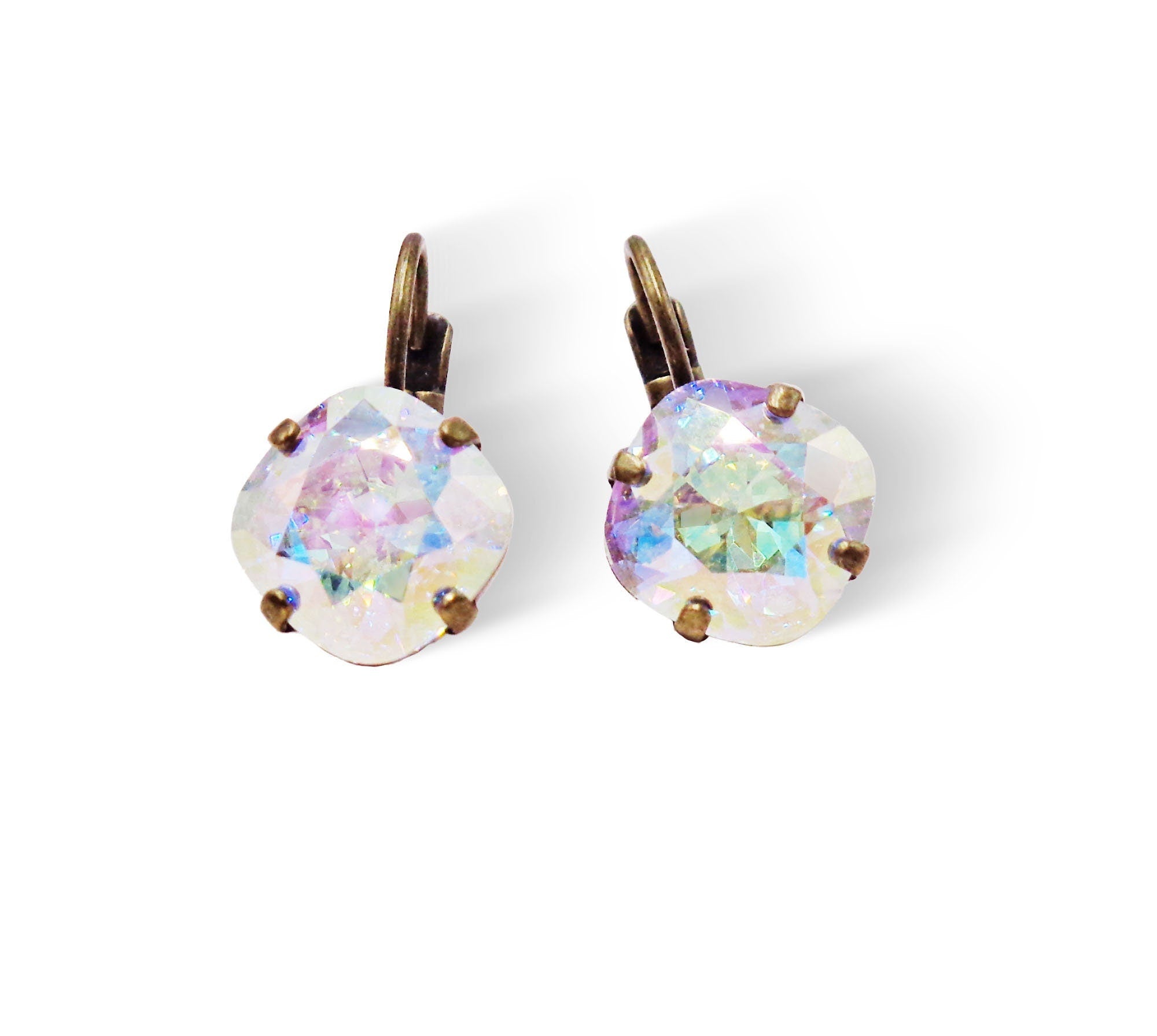 Crystal square mini drop  earrings, crystal transmission,antique brass