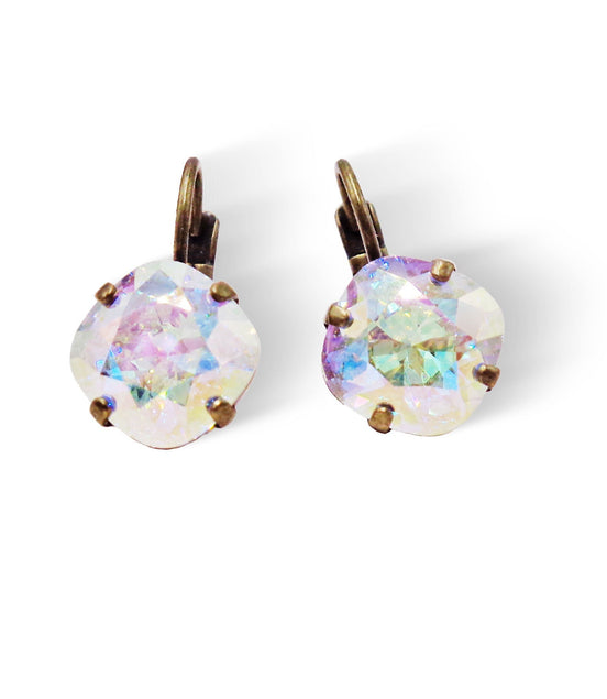 Crystal square mini drop  earrings, crystal transmission,antique brass