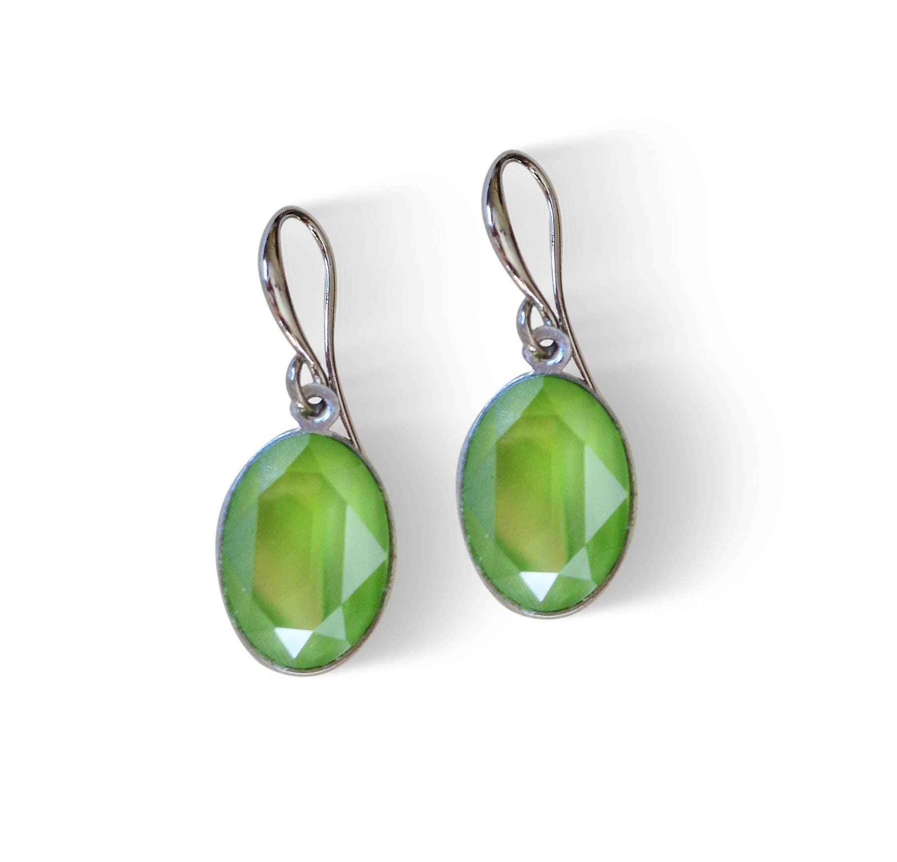 Crystal oval dangle drop earrings crystal lime,rhodium silver