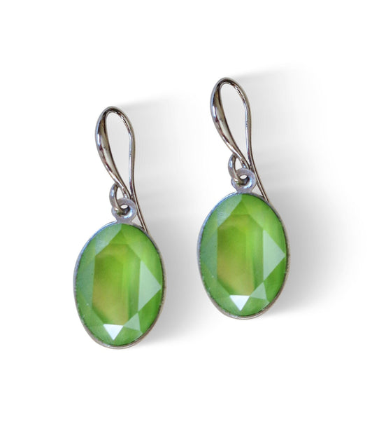 Crystal oval dangle drop earrings crystal lime,rhodium silver