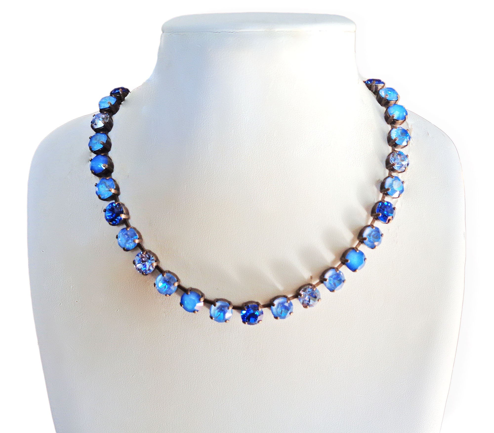 ANGEL BLUE  Austrian crystal tennis necklace, blue,rhodium silver