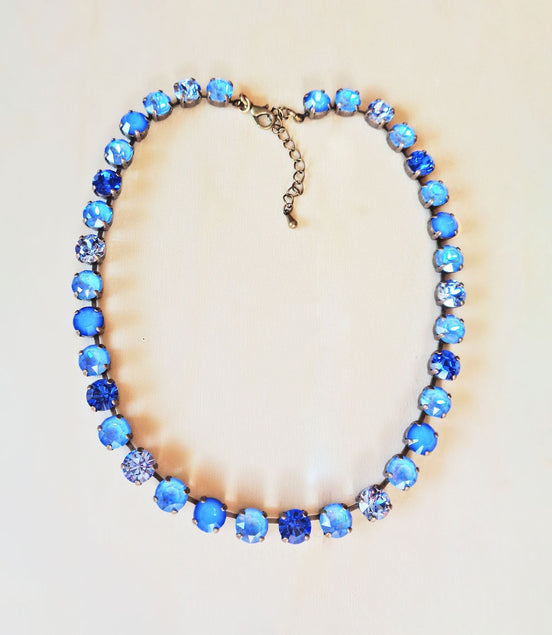 ANGEL BLUE  Austrian crystal tennis necklace, blue,rhodium silver