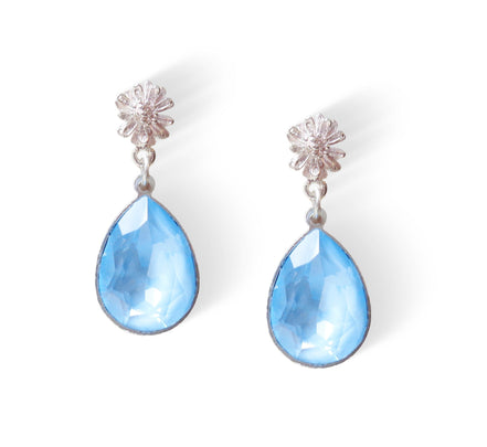 Crystal pear drop earrings,sky blue,silver plated