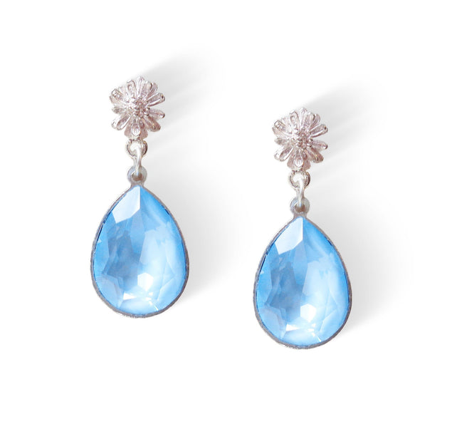 Crystal pear drop earrings,sky blue,silver plated