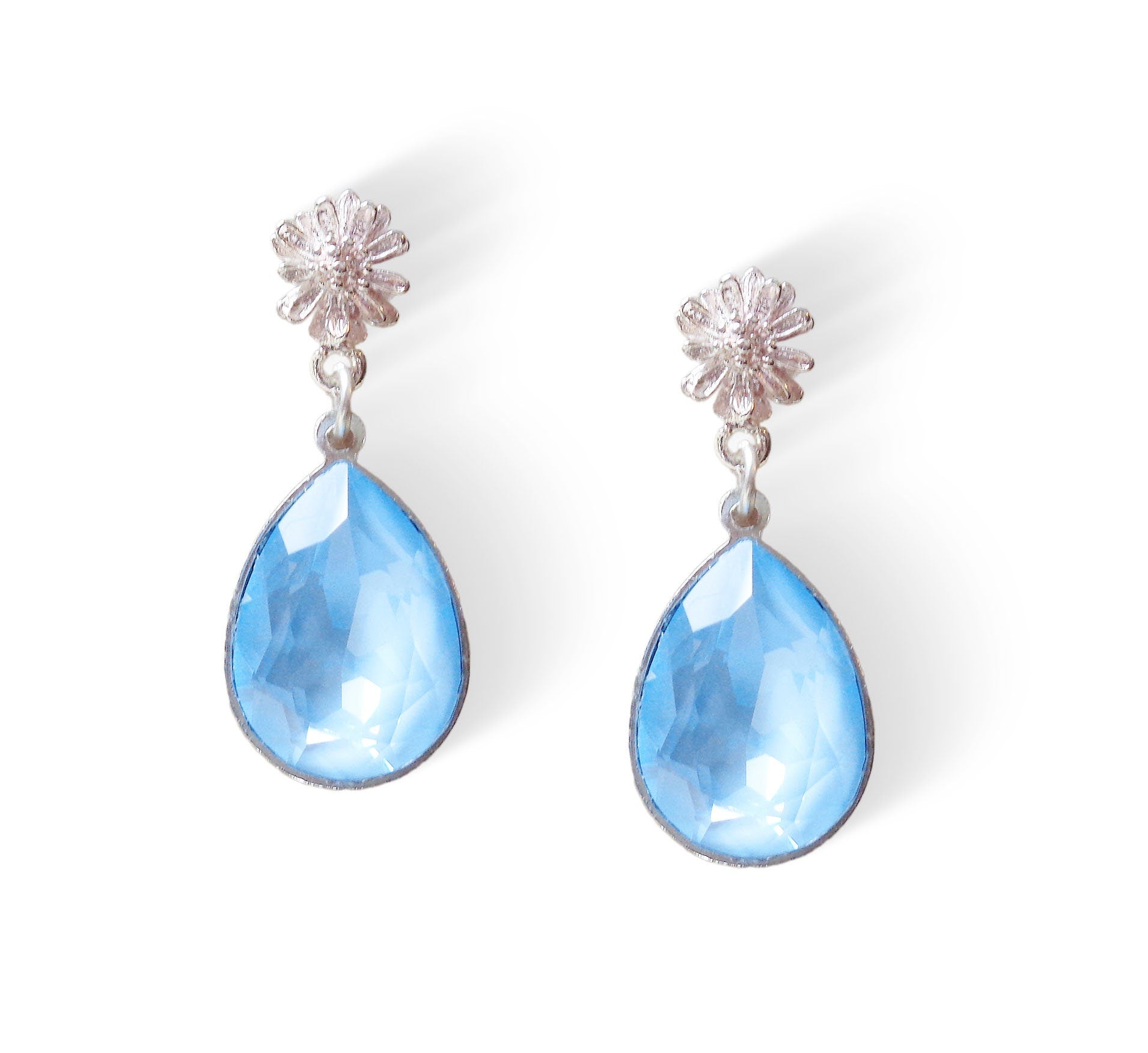 Crystal pear drop earrings,sky blue,silver plated