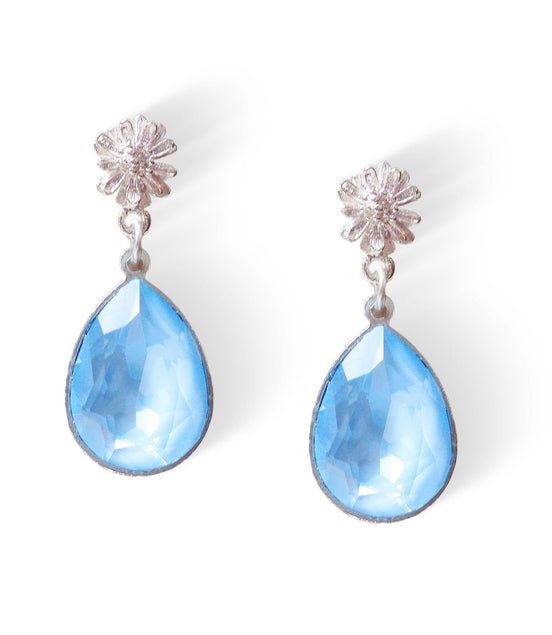 Crystal pear drop earrings,sky blue,silver plated