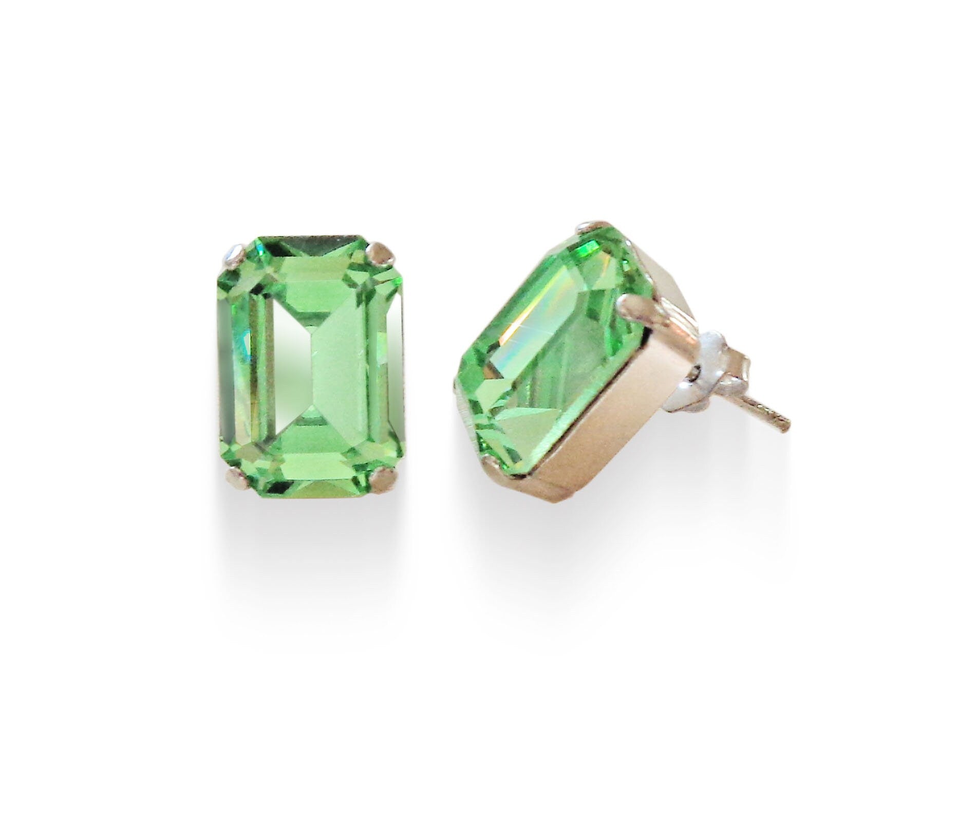 Crystal rectangular stud  earrings  peridot, rhodium silver