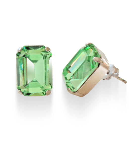 Crystal rectangular stud  earrings  peridot, rhodium silver