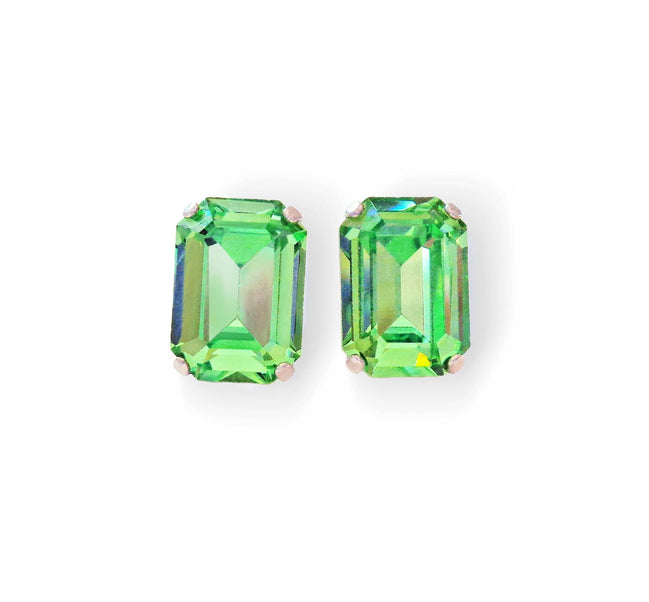 Crystal rectangular stud  earrings  peridot, rhodium silver
