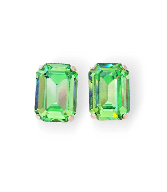Crystal rectangular stud  earrings  peridot, rhodium silver