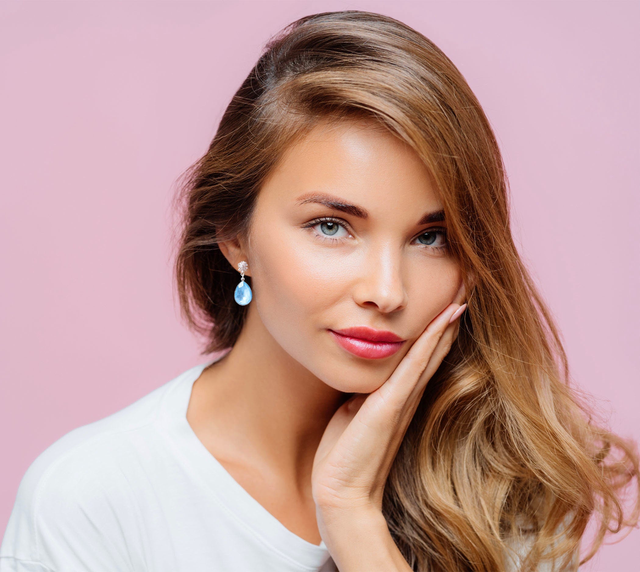 Crystal pear drop earrings,sky blue,silver plated