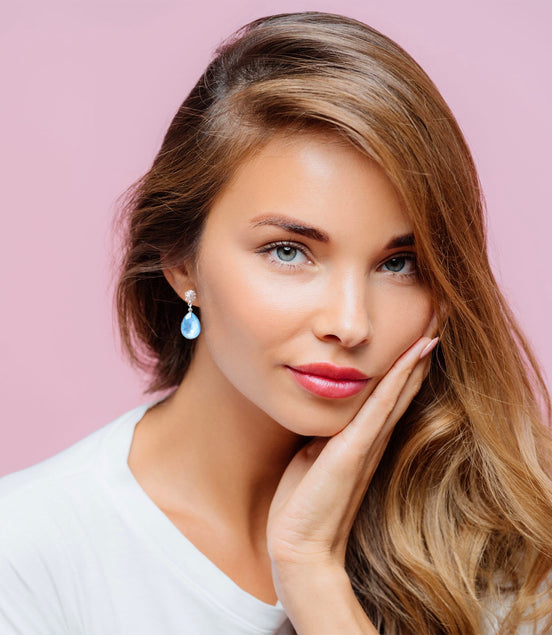 Crystal pear drop earrings,sky blue,silver plated