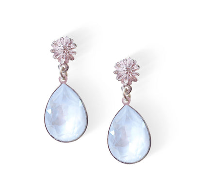 Crystal pear drop earrings,electric white,silver plated
