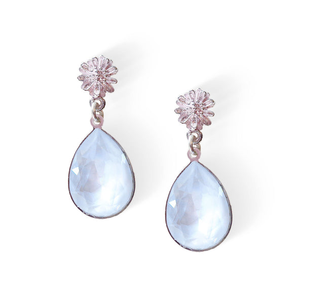 Crystal pear drop earrings,electric white,silver plated