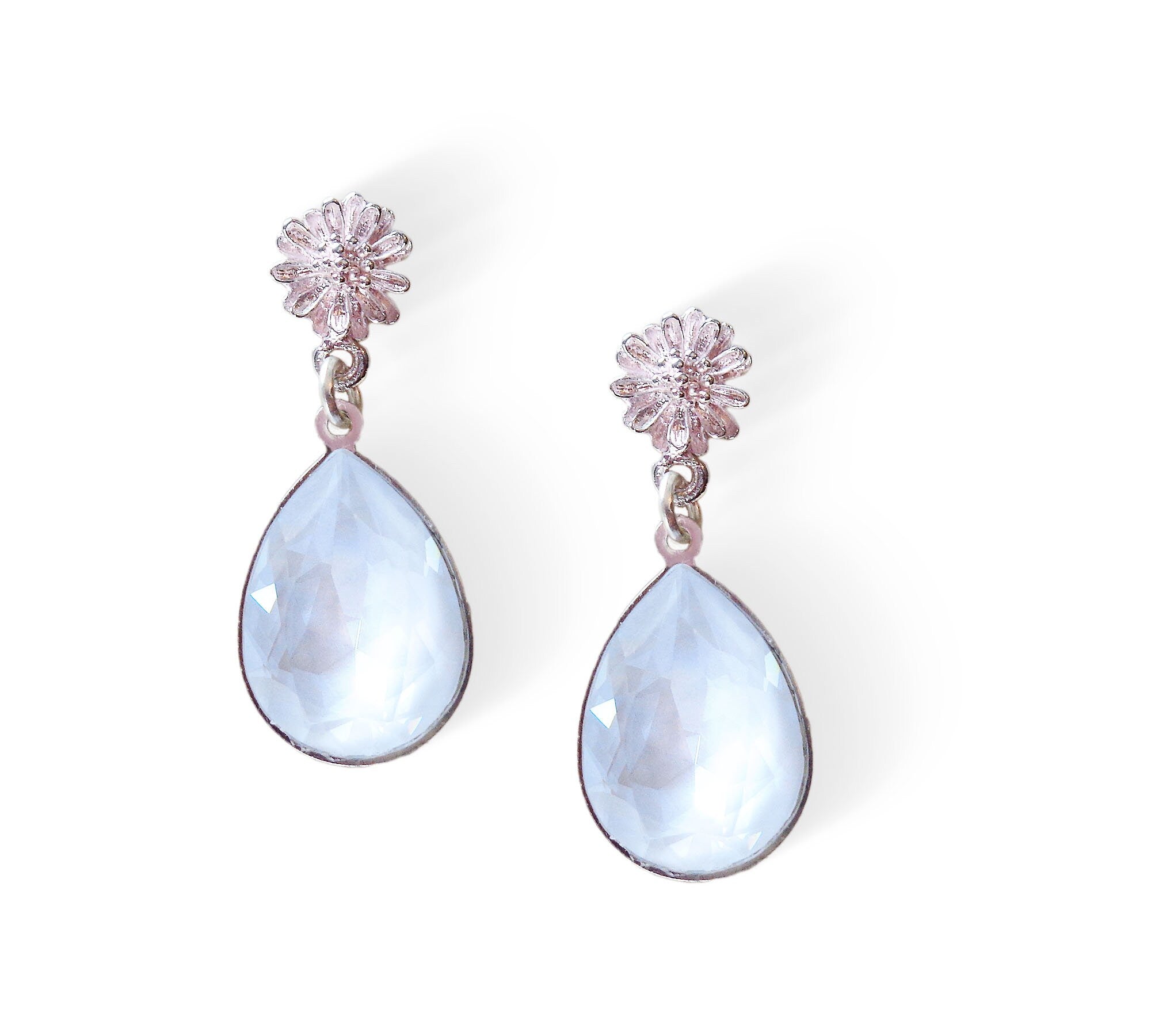 Crystal pear drop earrings,electric white,silver plated